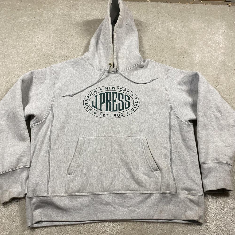 J. Press Hoodie Sweatshirt Mens 2XL Gray Seal Logo Pullover Made USA Heavyweight